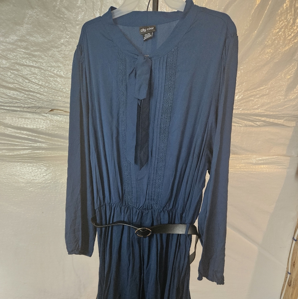 Cit Chic Elegant Navy Long-Sleeve Dress with Belt